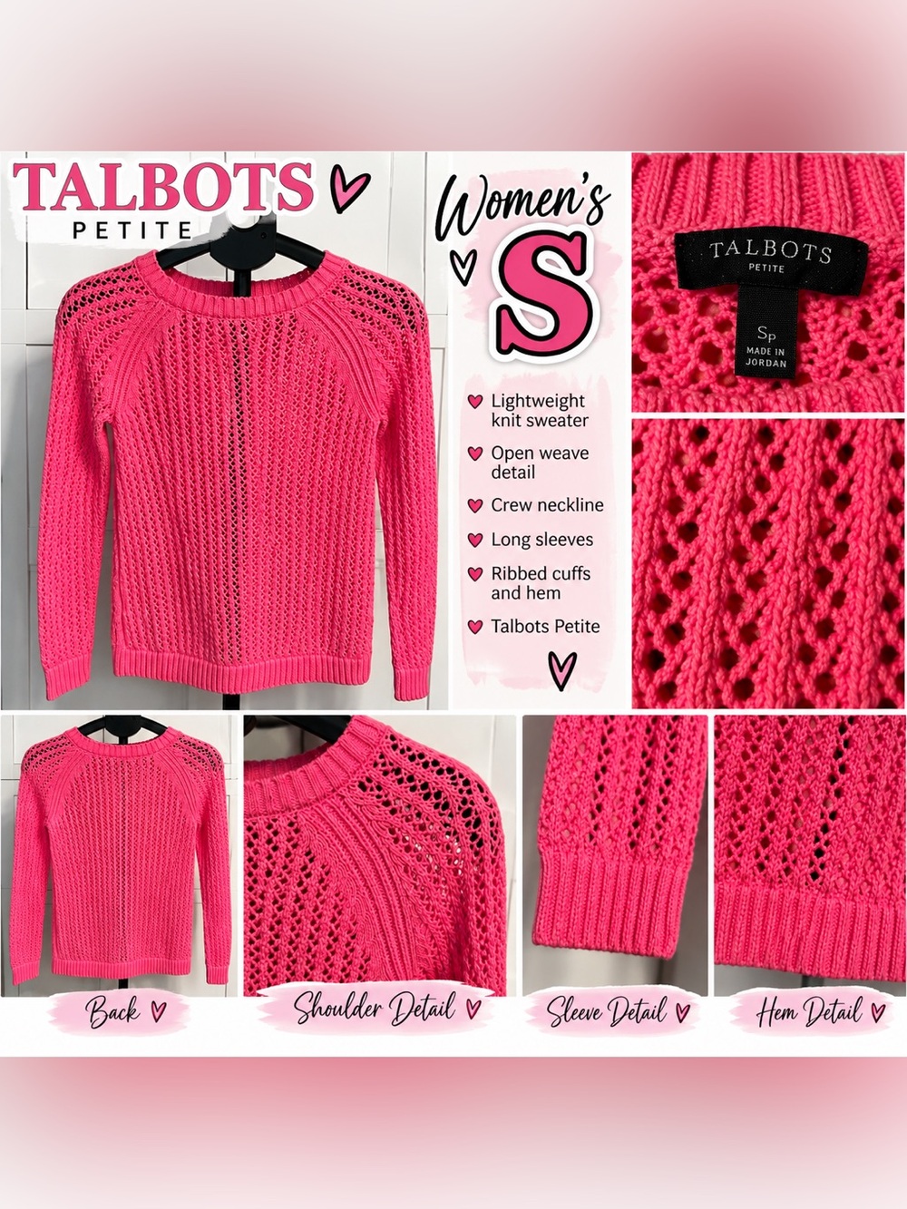 Talbots Petite Open Knit Cable Crewneck Sweater Pink Size PS